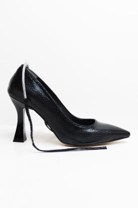 Bilekten Bağlı Dokulu Taşlı Kadeh Topuk Stiletto - SİYAH - 38 resmi