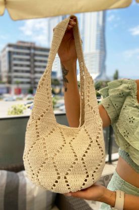 Mini Heybe Model Coton İp Çanta - EKRU - Standart resmi
