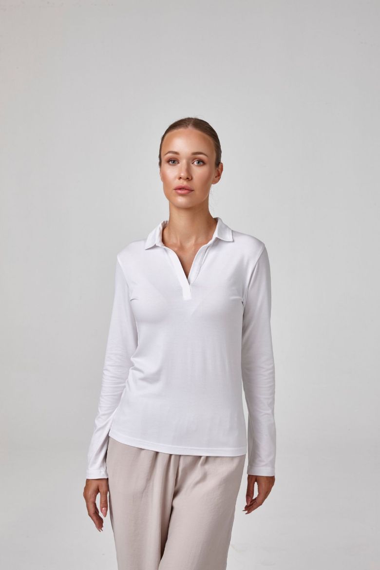 Kadın Uzun Kollu Yakalı T-Shirt Body Fit Kalıp  BEYAZ P2619BEYAZ resmi