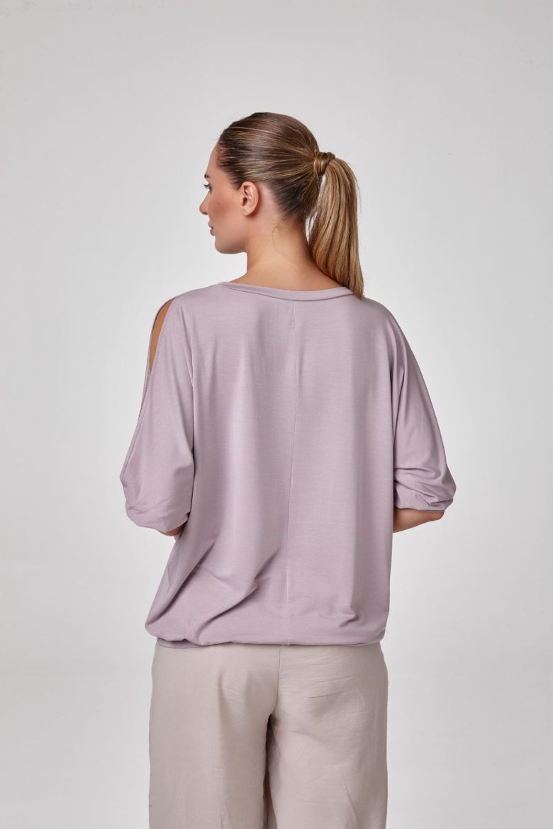 Kadın Açık Yaka Yırtmaç Kollu Bluz T-Shirt  LİLA P2555LİLA resmi