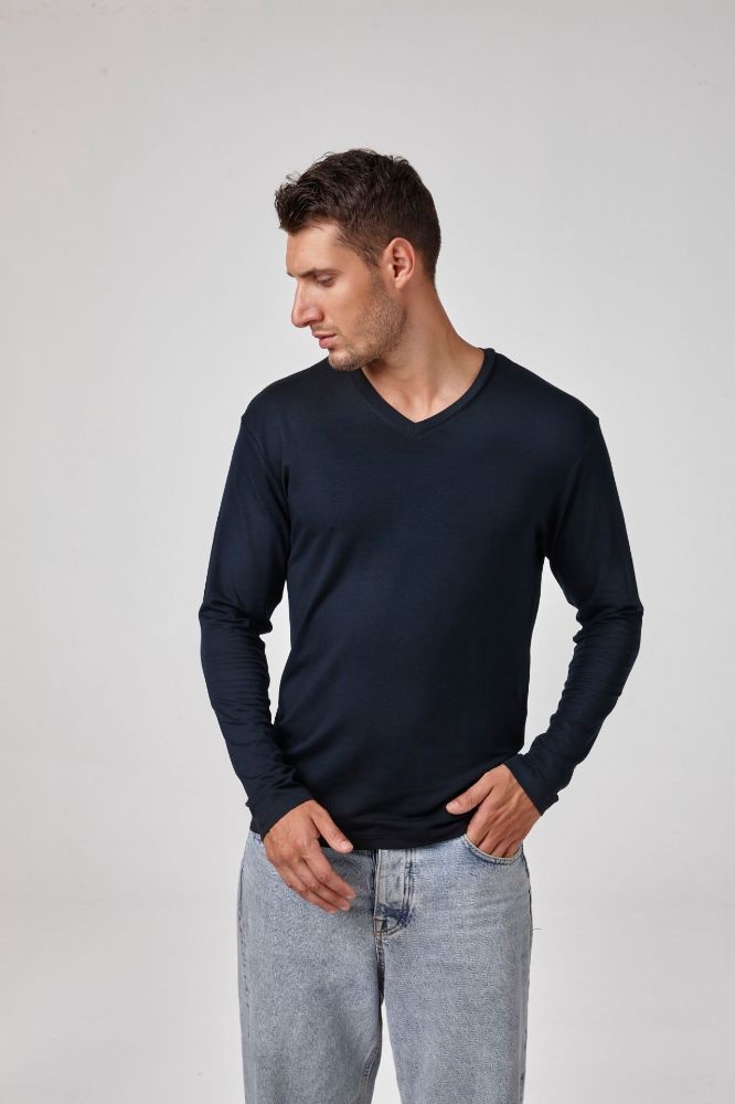 Erkek Uzun Kollu V Yaka T-Shirt  LACİVERT P1627LACİVERT resmi