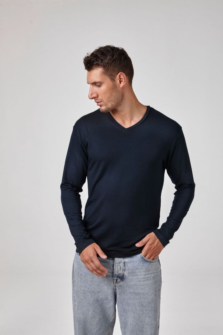 Erkek Uzun Kollu V Yaka T-Shirt  LACİVERT P1627LACİVERT resmi